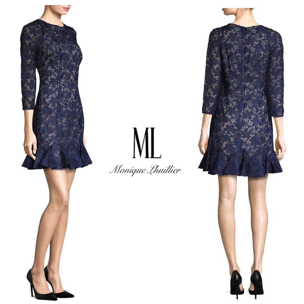 Monique Lhuillier Lace Overlay Peplum Hem Dress - Picture 4 of 10